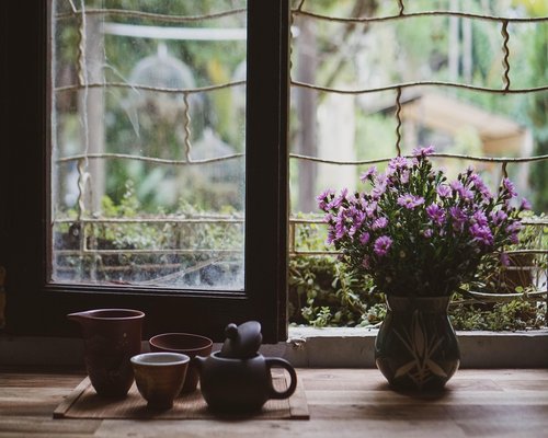 Person enjoying a cup of tea looking out the window